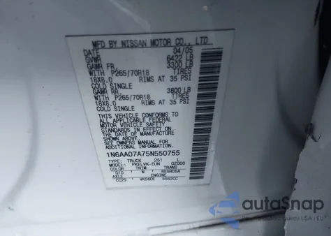 2005 Nissan Titan Le from USA, damaged, VIN 1N6AA07A75N550755